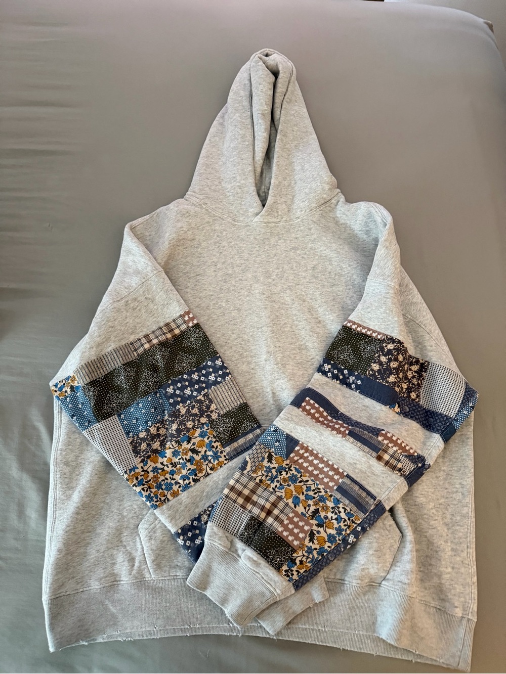 Abercrombie & Fitch Light Gray Hoodie with Blue and Brown Patchwork Sleeves